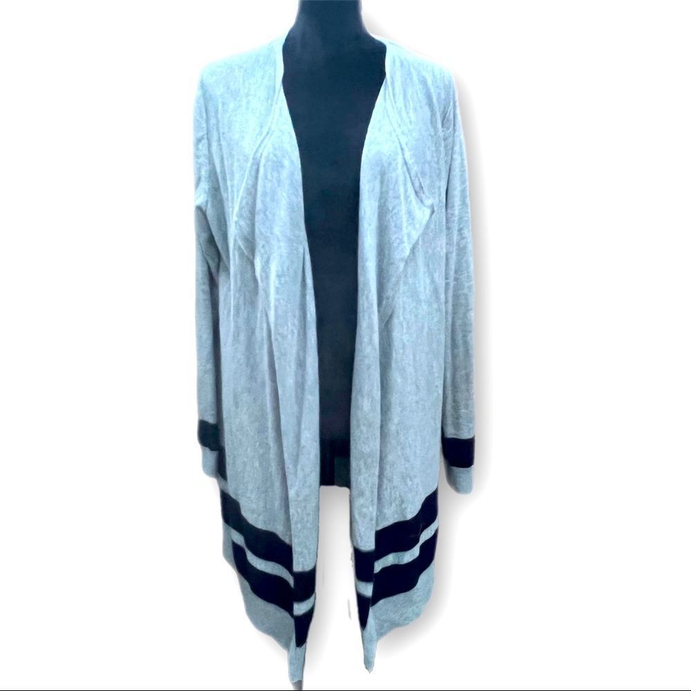 BODEN 100% Wool Open Front Long Sweater Gray Navy Blue Stripes Side Medium EUC